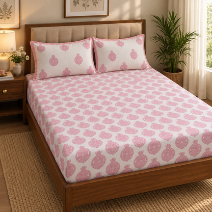 Pink Anaar Jaal Handblock Printed Premium Cotton Bedsheet Set