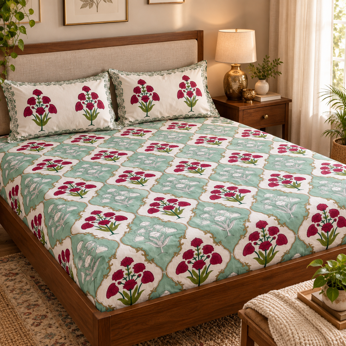 Green & Red Dahlia Handblock Printed Premium Cotton Fitted Bedsheet Set