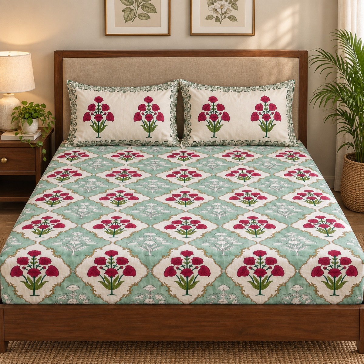 Green & Red Dahlia Handblock Printed Premium Cotton Fitted Bedsheet Set