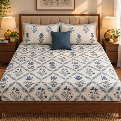 Blue Lotus Jaal Handblock Premium Cotton Bedsheet Set