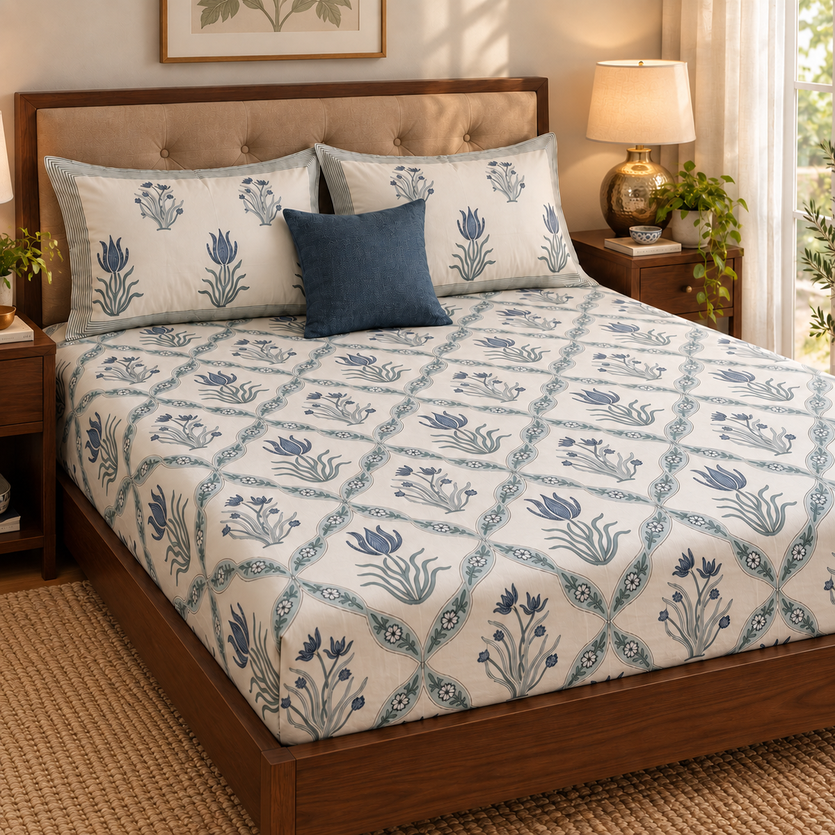 Blue Lotus Jaal Handblock Premium Cotton Bedsheet Set
