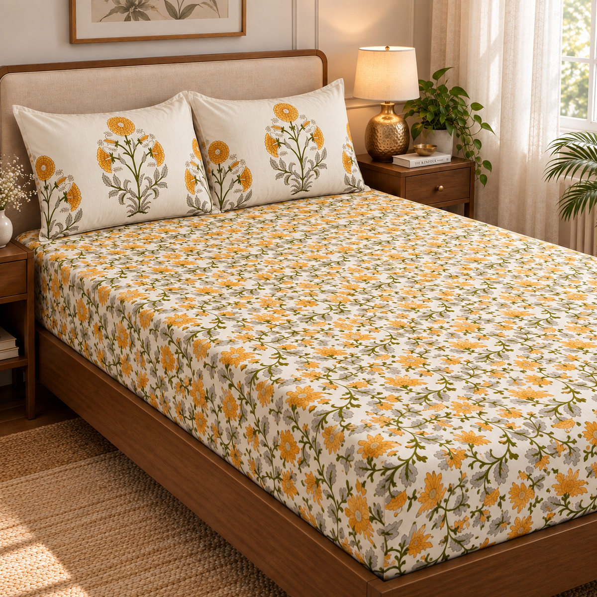 Yellow Marigold Handblock Printed Premium Cotton Bedsheet Set