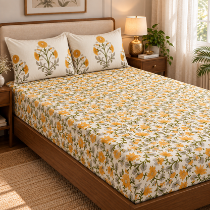 Yellow Marigold Handblock Printed Premium Cotton Bedsheet Set