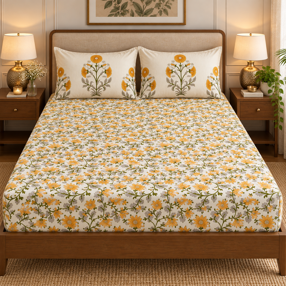 Yellow Marigold Handblock Printed Premium Cotton Bedsheet Set