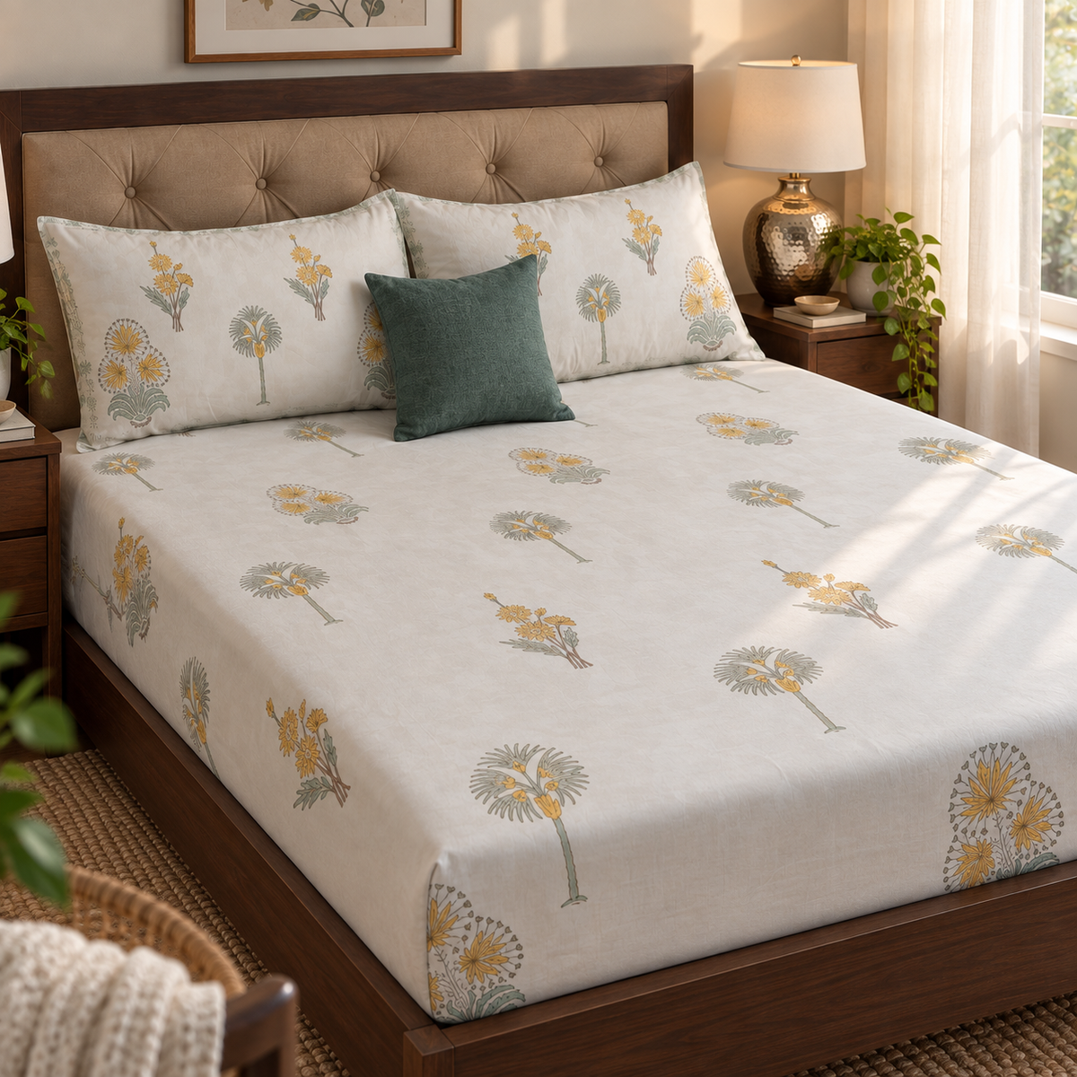 Yellow Blossom Handblock Premium Cotton Bedsheet Set