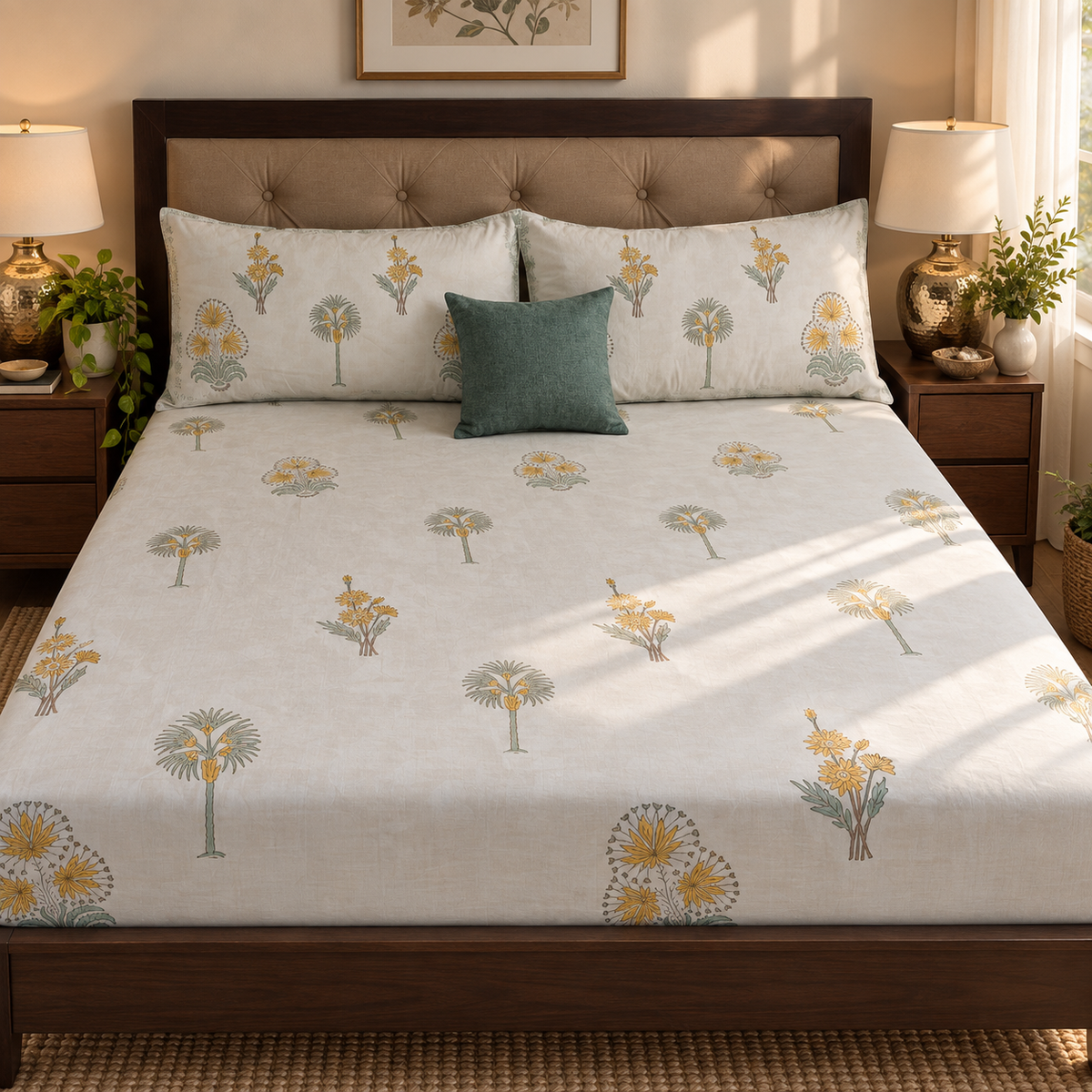 Yellow Blossom Handblock Premium Cotton Bedsheet Set
