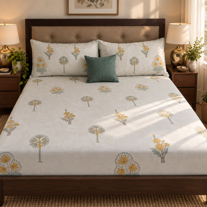 Yellow Blossom Handblock Premium Cotton Bedsheet Set
