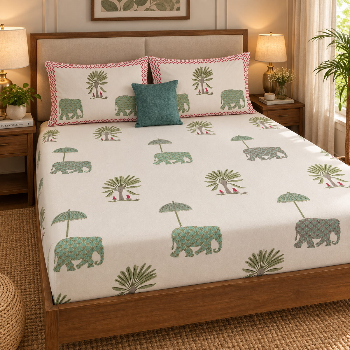 Green Elephant Handblock Premium Cotton Fitted Bedsheet Set