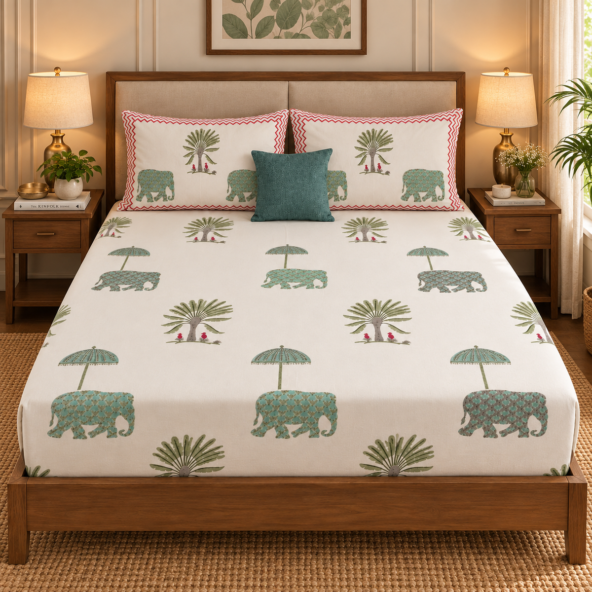 Green Elephant Handblock Premium Cotton Fitted Bedsheet Set