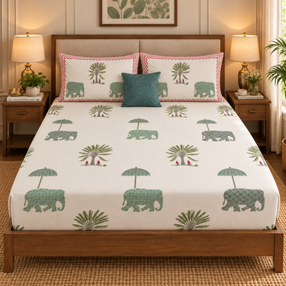 Green Elephant Handblock Premium Cotton Fitted Bedsheet Set