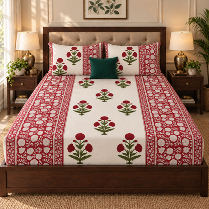 Red Dahlia Gadd Handblock Printed Premium Cotton Fitted Bedsheet Set