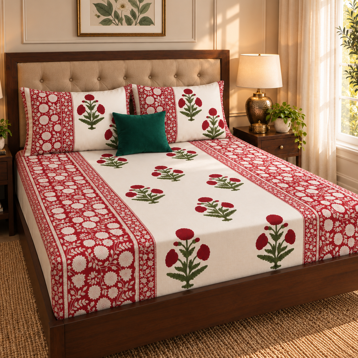 Red Dahlia Gadd Handblock Printed Premium Cotton Fitted Bedsheet Set
