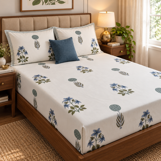 Blue Lily Handblock Premium Cotton Bedsheet Set