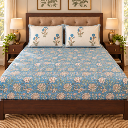 Blue Marigold Handblock Printed Premium Cotton Fitted Bedsheet Set