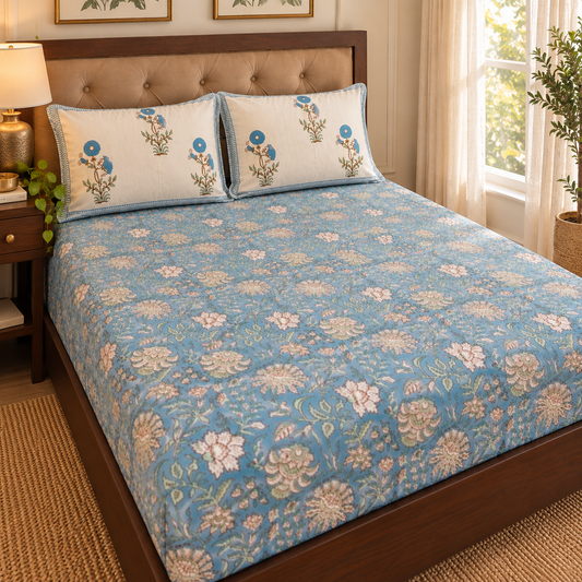 Blue Marigold Handblock Printed Premium Cotton Fitted Bedsheet Set