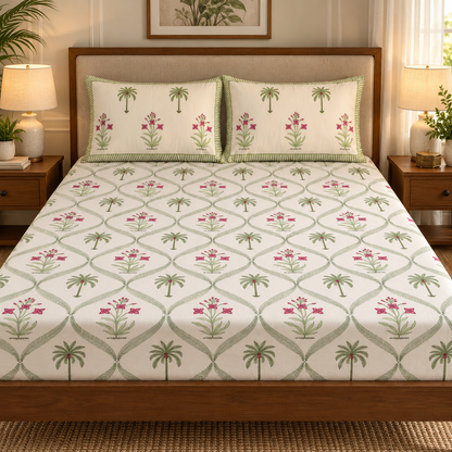 Green Palm Handblock Printed Premium Cotton Fitted Bedsheet Set