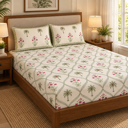 Green Palm Handblock Printed Premium Cotton Fitted Bedsheet Set