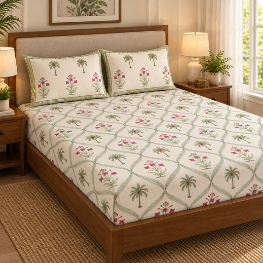 Green Palm Handblock Printed Premium Cotton Fitted Bedsheet Set