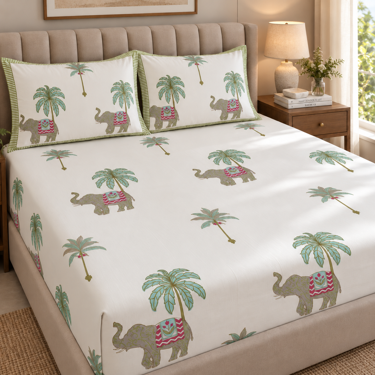 Grey Elephant Handblock Printed Premium Cotton Fitted Bedsheet Set