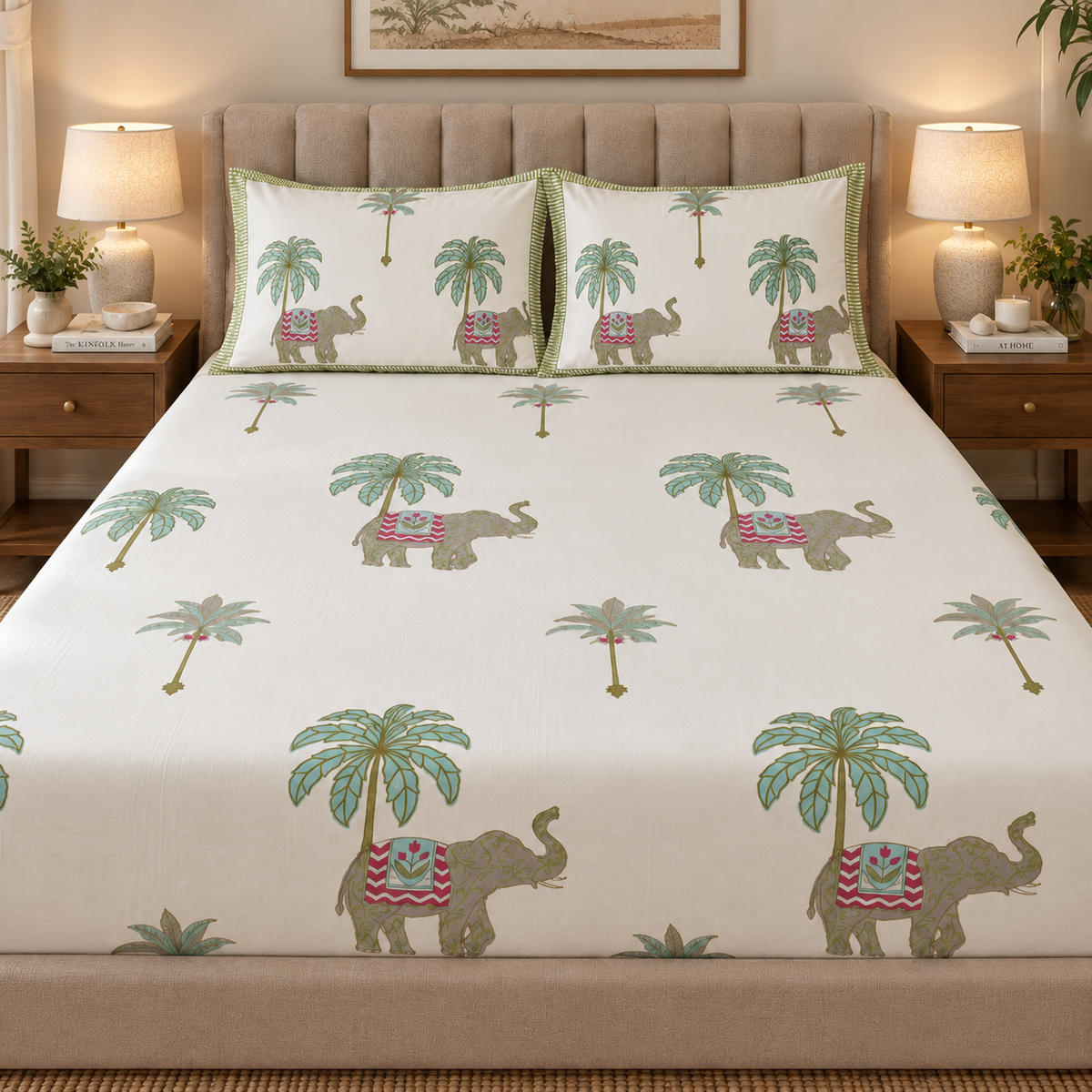 Grey Elephant Handblock Printed Premium Cotton Fitted Bedsheet Set