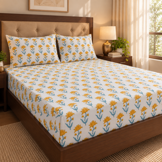 Yellow Blue Lotus Handblock Premium Cotton Bedsheet Set