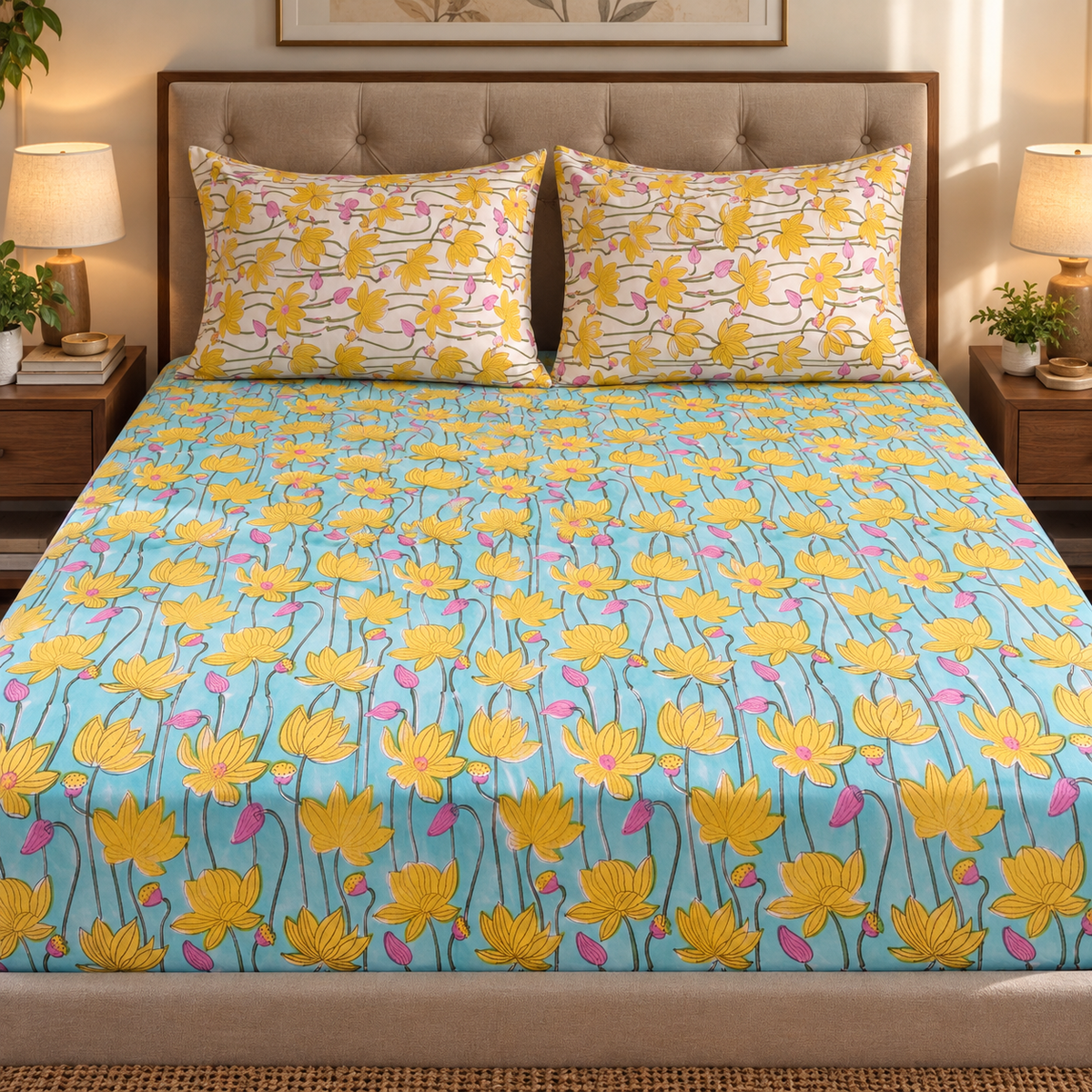 Yellow Pichwai Lotus Handblock Premium Cotton Fitted Bedsheet Set