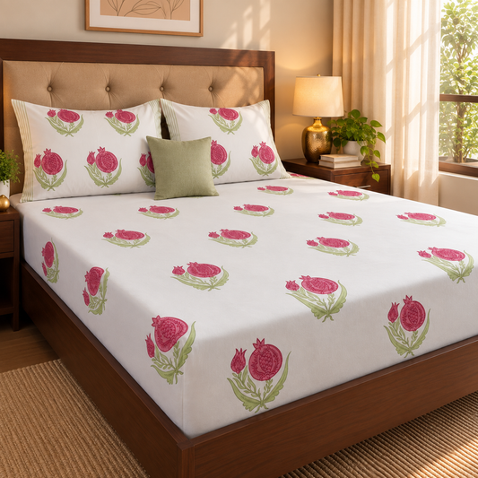 Red Anaar Baag Handblock Premium Cotton Bedsheet Set