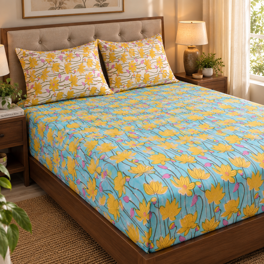 Yellow Pichwai Lotus Handblock Premium Cotton Bedsheet Set