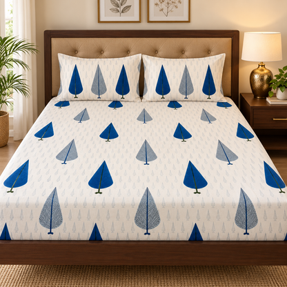 Blue Cypress Handblock Printed Premium Cotton Bedsheet Set