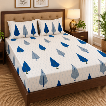 Blue Cypress Handblock Printed Premium Cotton Bedsheet Set