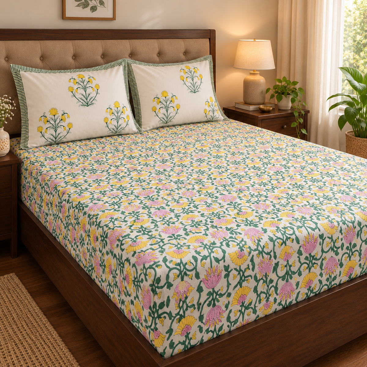 Pink & Yellow Lotus Handblock Printed Premium Cotton Fitted Bedsheet Set
