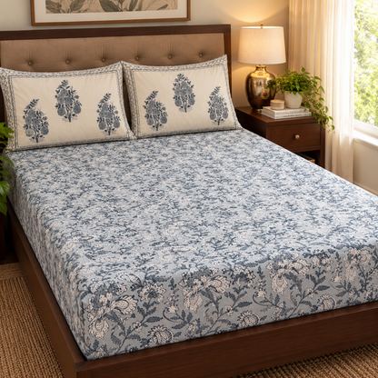 Blue Phool Boota Handblock Premium Cotton Fitted Bedsheet Set