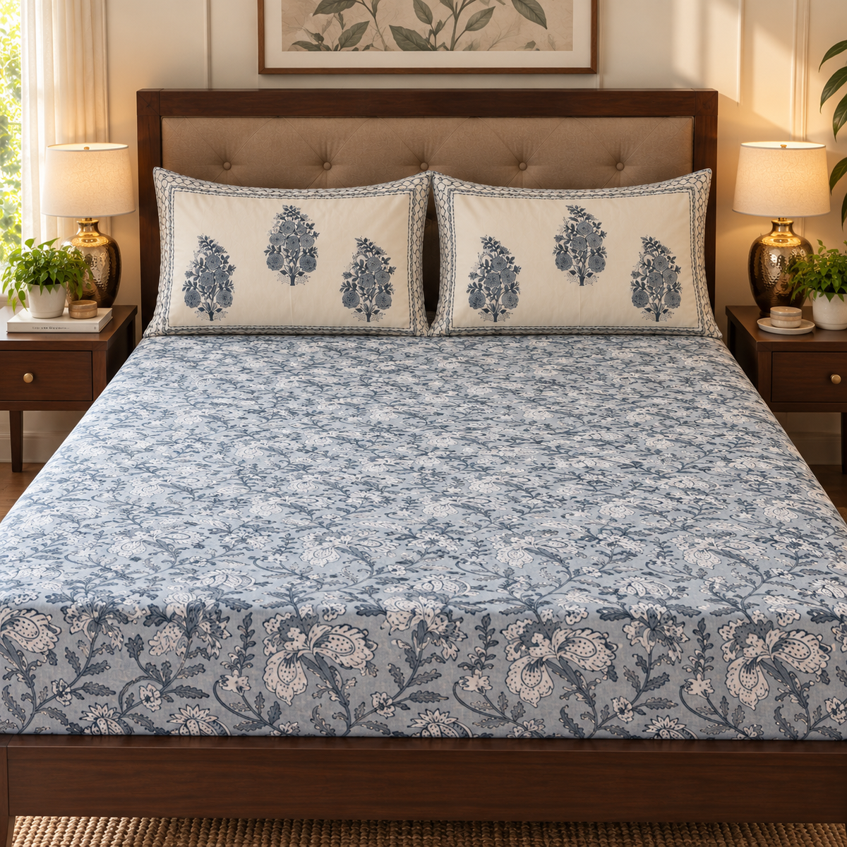 Blue Phool Boota Handblock Premium Cotton Fitted Bedsheet Set
