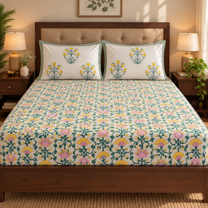 Pink & Yellow Lotus Handblock Printed Premium Cotton Fitted Bedsheet Set