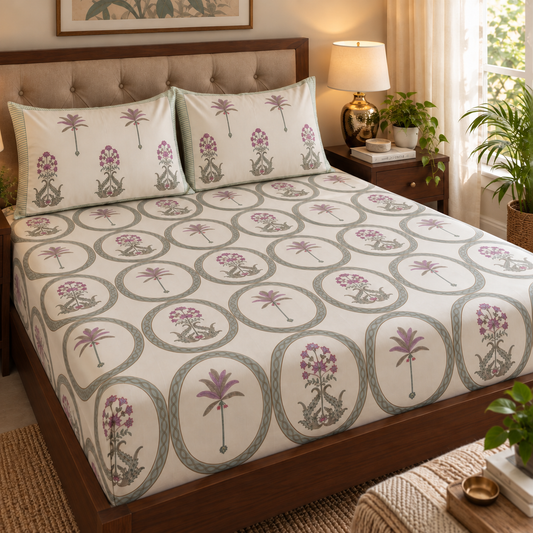 Lilac Palm Handblock Premium Cotton Bedsheet Set