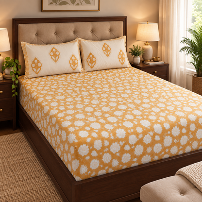 Yellow floral garden Handblock Printed Premium Cotton Fitted Bedsheet Set