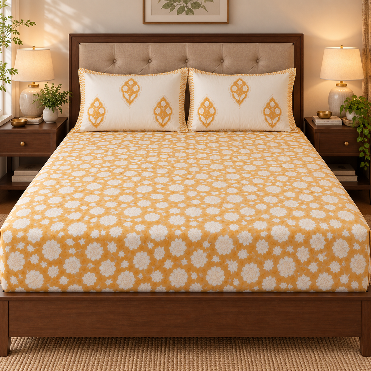 Yellow floral garden Handblock Printed Premium Cotton Fitted Bedsheet Set