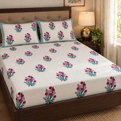 Gardenia Red Handblock Printed Premium Cotton Fitted Bedsheet Set