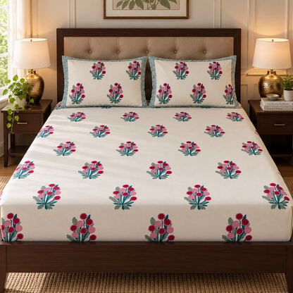 Gardenia Red Handblock Printed Premium Cotton Fitted Bedsheet Set