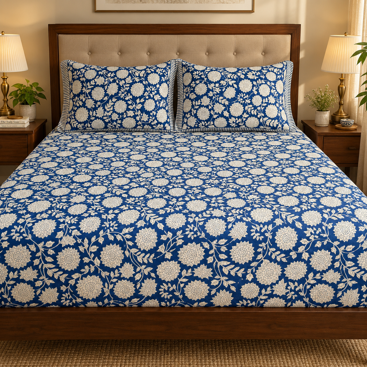 Blue Floral Garden Handblock Printed Premium Cotton Fitted Bedsheet Set