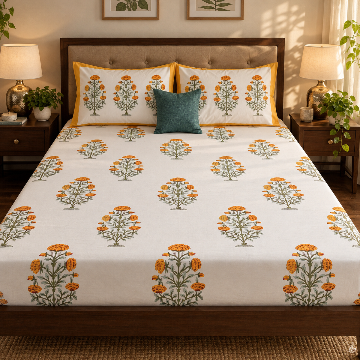 Turmeric Yellow Marigold Handblock Printed Premium Cotton Fitted Bedsheet Set