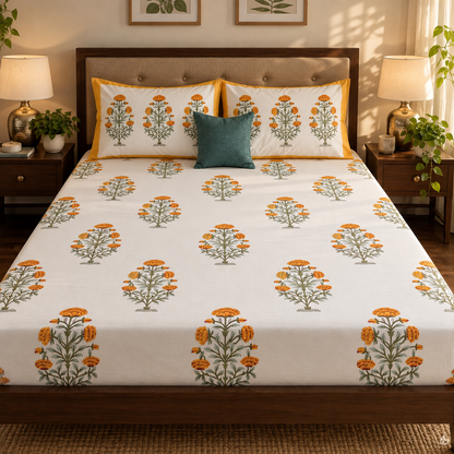 Turmeric Yellow Marigold Handblock Printed Premium Cotton Fitted Bedsheet Set