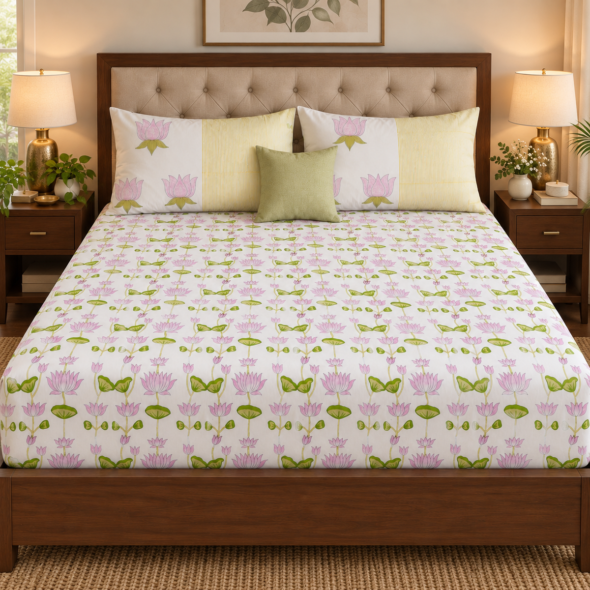 Pichwai Lotus Handblock Printed Premium Cotton Fitted Bedsheet Set