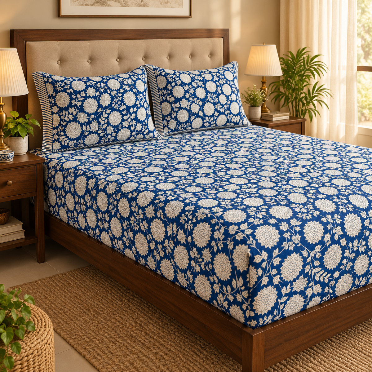 Blue Floral Garden Handblock Printed Premium Cotton Fitted Bedsheet Set