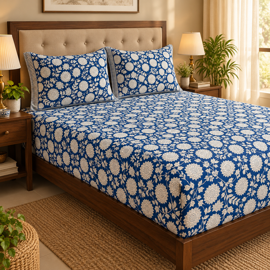 Blue Floral Garden Handblock Premium Cotton Bedsheet Set