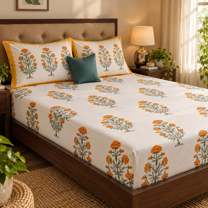 Turmeric Yellow Marigold Handblock Printed Premium Cotton Fitted Bedsheet Set