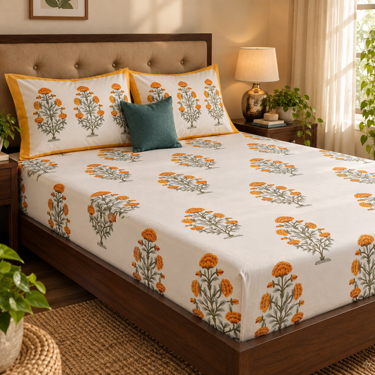 Turmeric Yellow Marigold Handblock Printed Premium Cotton Fitted Bedsheet Set