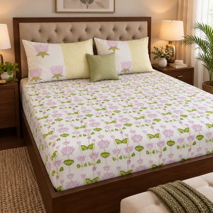 Pichwai Lotus Handblock Printed Premium Cotton Fitted Bedsheet Set
