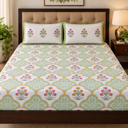 Mint Green & Yellow Handblock Printed Premium Cotton Fitted Bedsheet Set