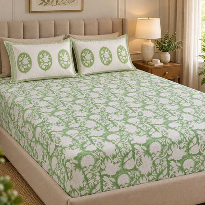 Green Garden Handblock Printed Premium Cotton Fitted Bedsheet Set